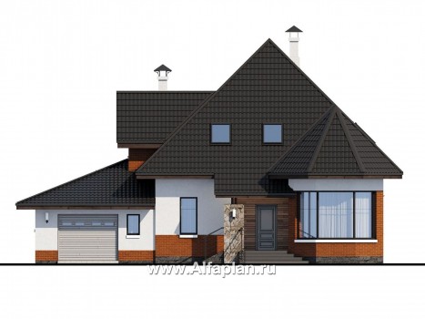 «Капелла» - проект дома с мансардой, из газобетона, с террасой и с эркером, с гаражом, современный стиль - превью фасада дома