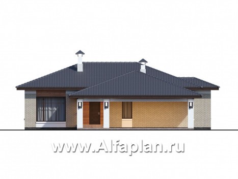 Проекты домов Альфаплан - «Покровка» - стильный одноэтажный коттедж с гаражом-навесом - превью фасада №1