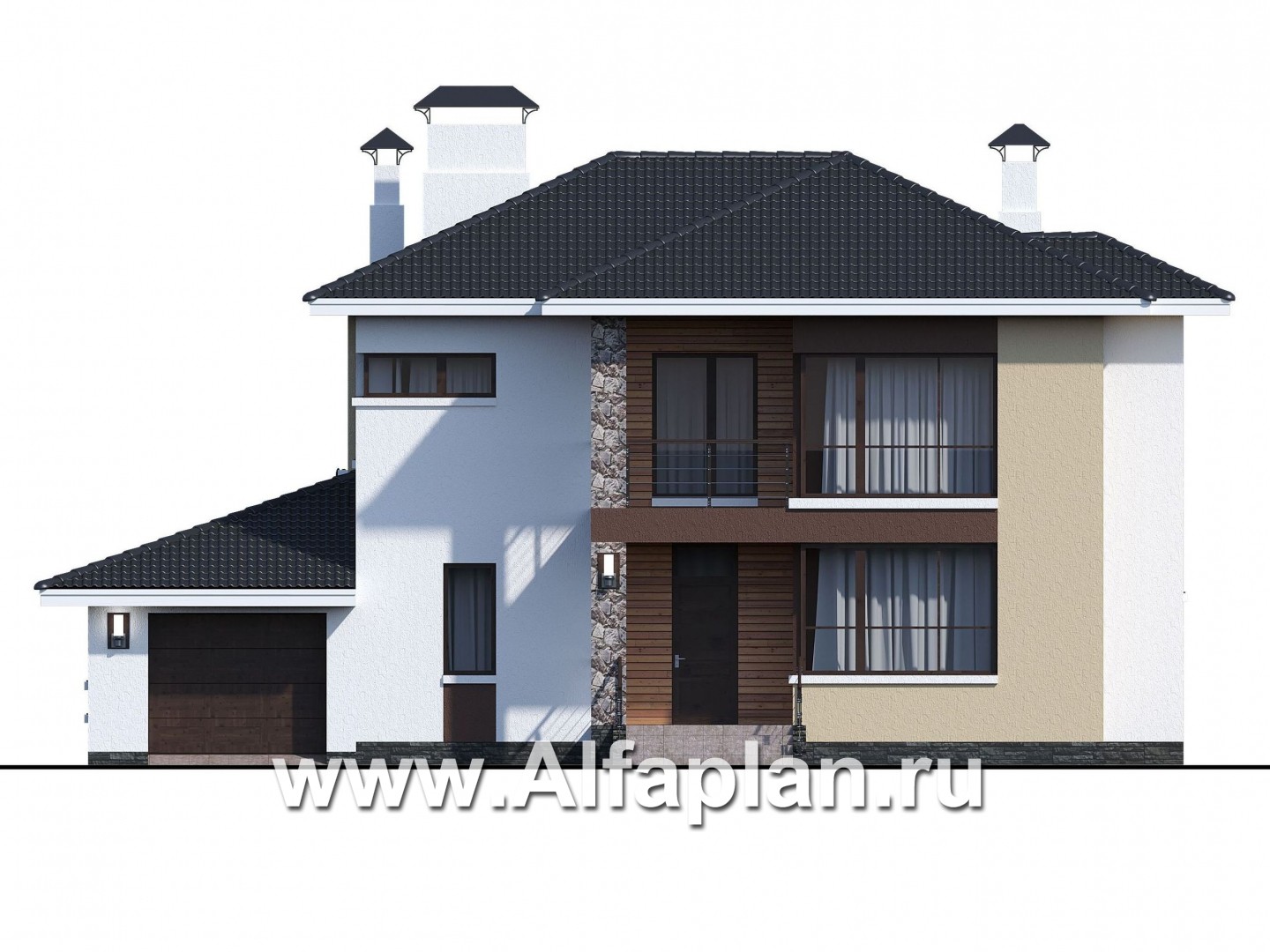 Проекты домов Альфаплан - «Формула успеха» - современный коттедж с угловыми окнами - изображение фасада №1