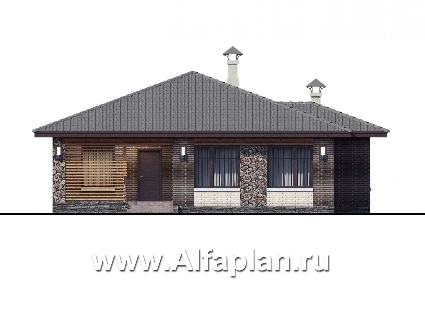 Проекты домов Альфаплан - «Волхов» - проект одноэтажного дома из кирпича, 3 спальни, планировка дома с террасой - изображение фасада №1