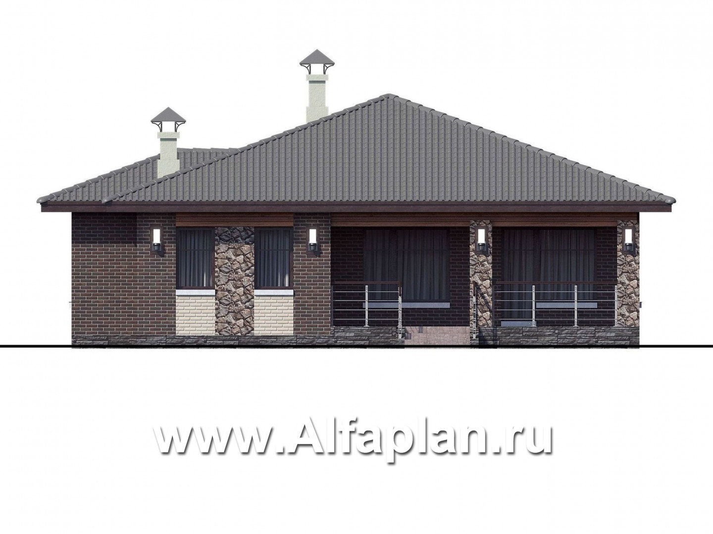 Проекты домов Альфаплан - «Волхов» - проект одноэтажного дома из кирпича, 3 спальни, планировка дома с террасой - изображение фасада №4
