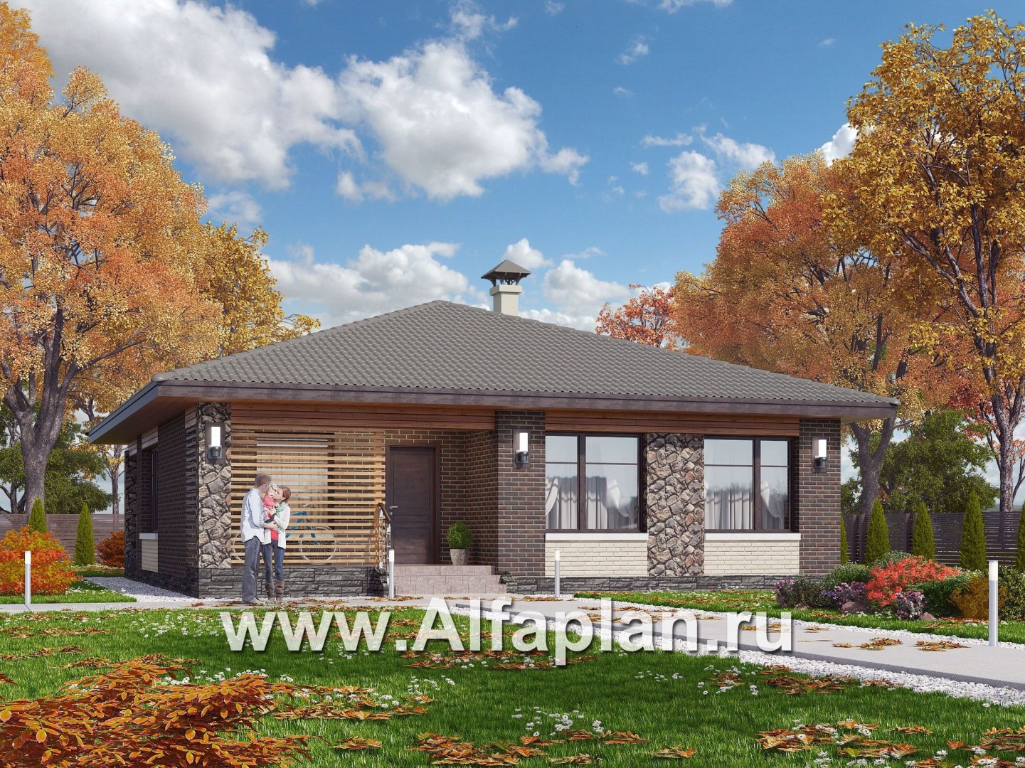 Проекты домов Альфаплан - «Волхов» - проект одноэтажного дома из кирпича, 3 спальни, планировка дома с террасой - основное изображение