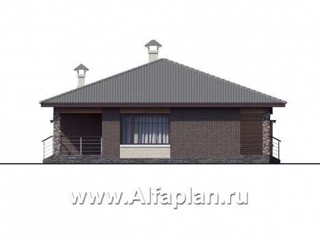 Проекты домов Альфаплан - «Волхов» - проект одноэтажного дома из кирпича, 3 спальни, планировка дома с террасой - превью фасада №3