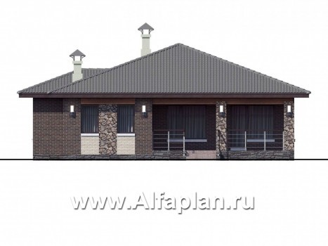 Проекты домов Альфаплан - «Волхов» - проект одноэтажного дома из кирпича, 3 спальни, планировка дома с террасой - превью фасада №4