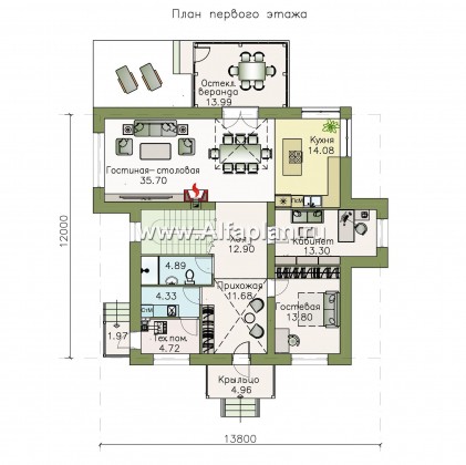 Проекты домов Альфаплан - «Мелодия света» - коттедж с двумя комнатами на первом этаже - превью плана проекта №1