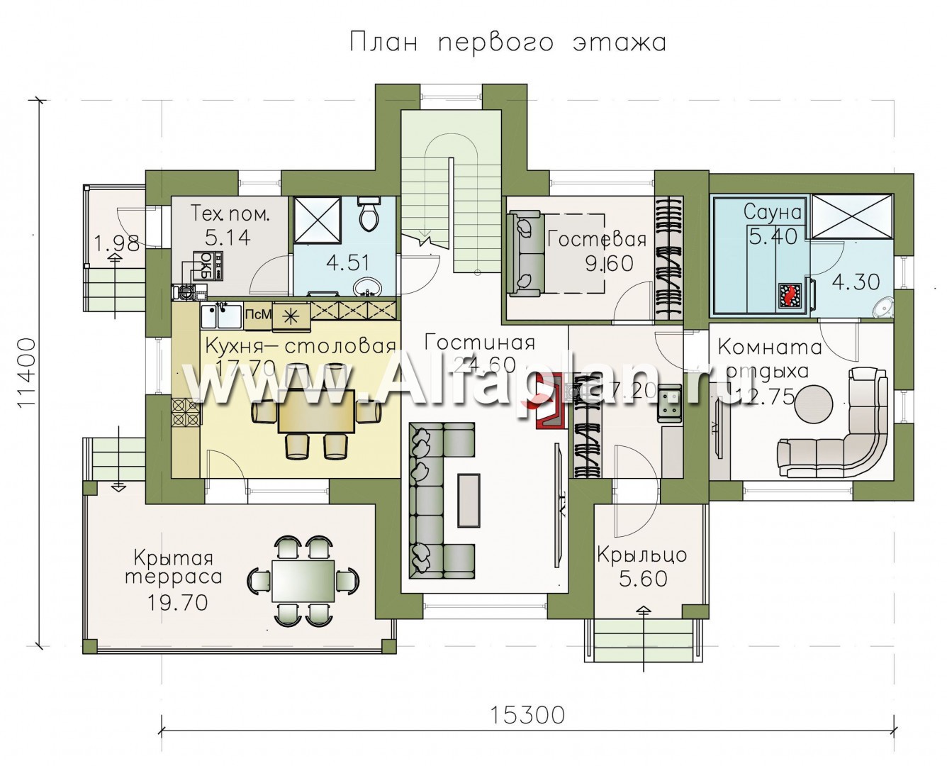 Проекты домов Альфаплан - «Саар» - современный двухэтажный дом с террасой и сауной - план проекта №1