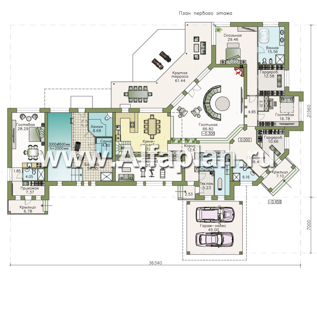 Проекты домов Альфаплан - «Модуль» — проект одноэтажного дома, со спортзалом и сауной, с бассейном и гостевой квартирой - изображение плана проекта №1