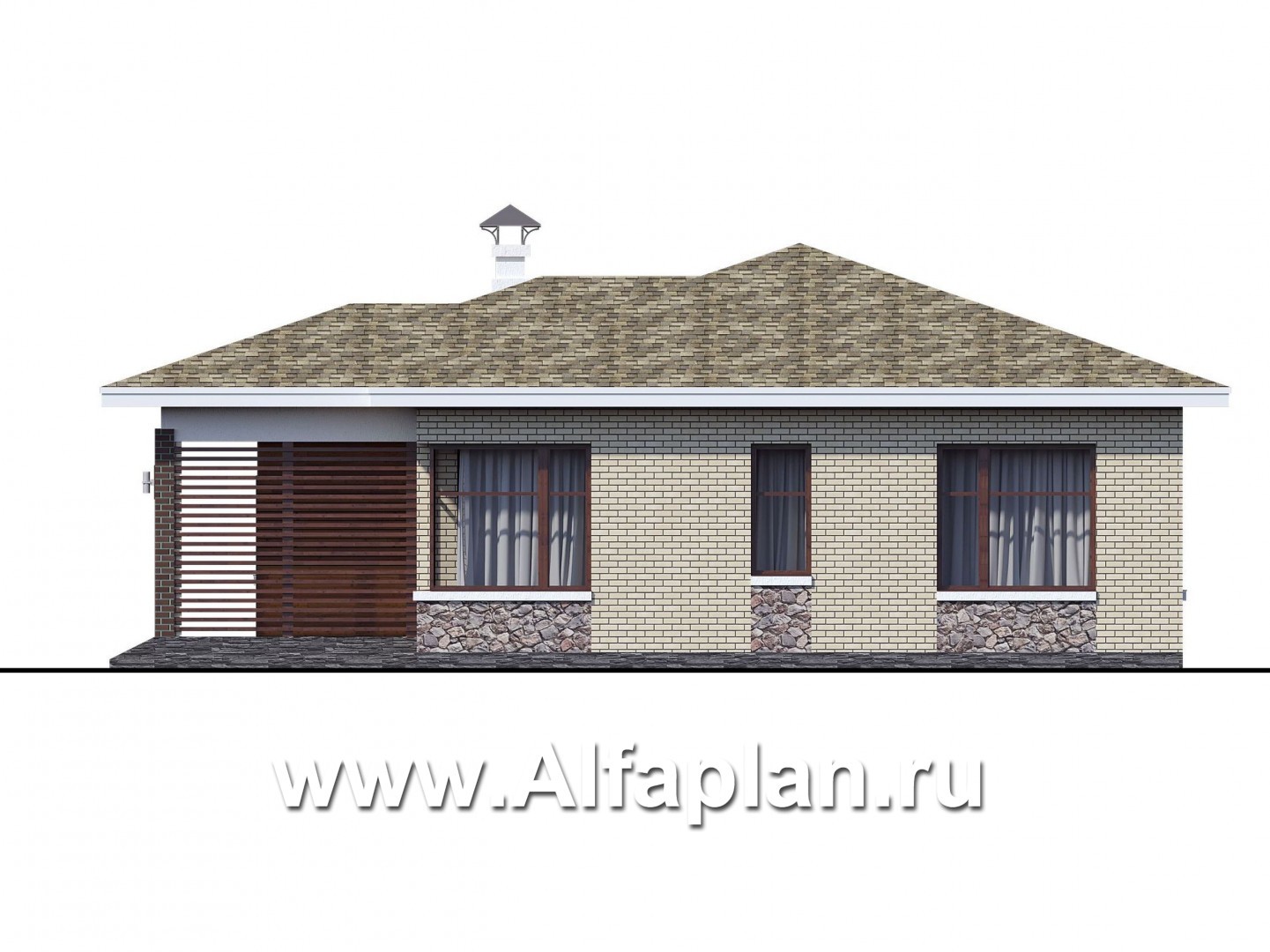 Проекты домов Альфаплан - Проект одноэтажного дома с угловыми окнами - изображение фасада №2