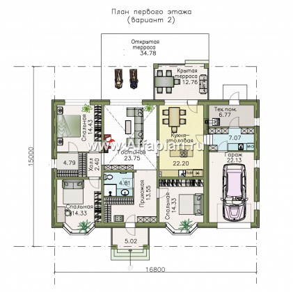Проекты домов Альфаплан - "Новый свет" - проект одноэтажного дома с гаражом для небольшой семьи - превью плана проекта №2