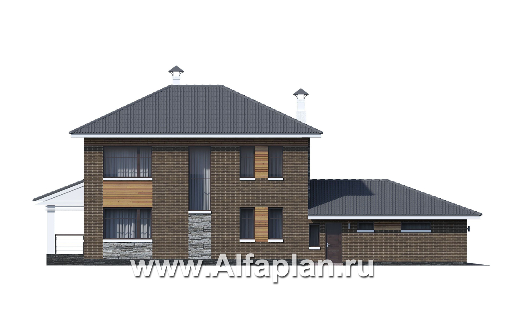 Проекты домов Альфаплан - «Летний вечер» - современный двухэтажный коттедж с гаражом на два автомобиля - изображение фасада №4