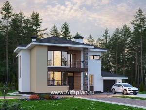 Проекты домов Альфаплан - «Формула успеха» - современный коттедж с угловыми окнами - превью основного изображения