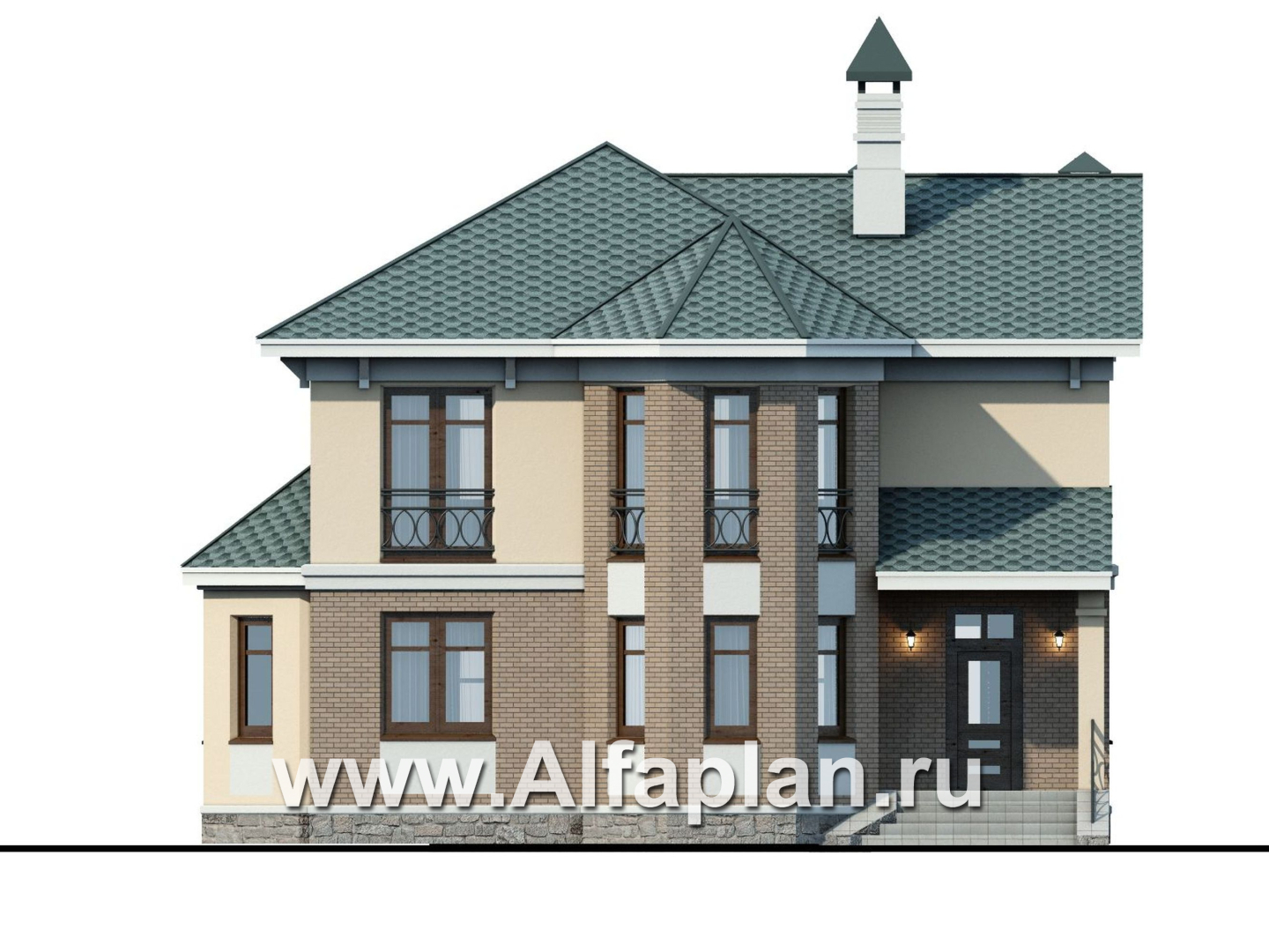 Проекты домов Альфаплан - «Классический»- двухэтажный особняк с эркером - изображение фасада №1