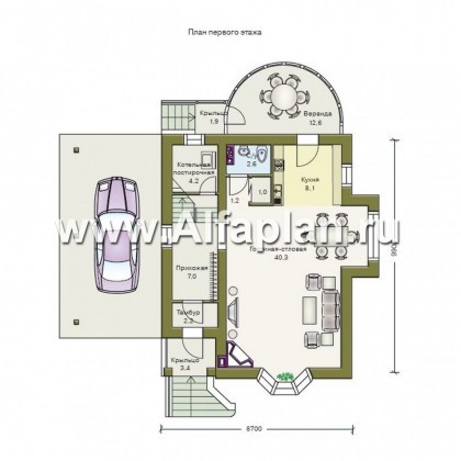 Проекты домов Альфаплан - «Вива Бе» - рациональный дом с навесом для машины - превью плана проекта №1