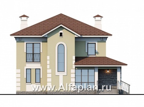 Проекты домов Альфаплан - «Кваренги» - классический коттедж с террасой и просторной лоджией - превью фасада №1