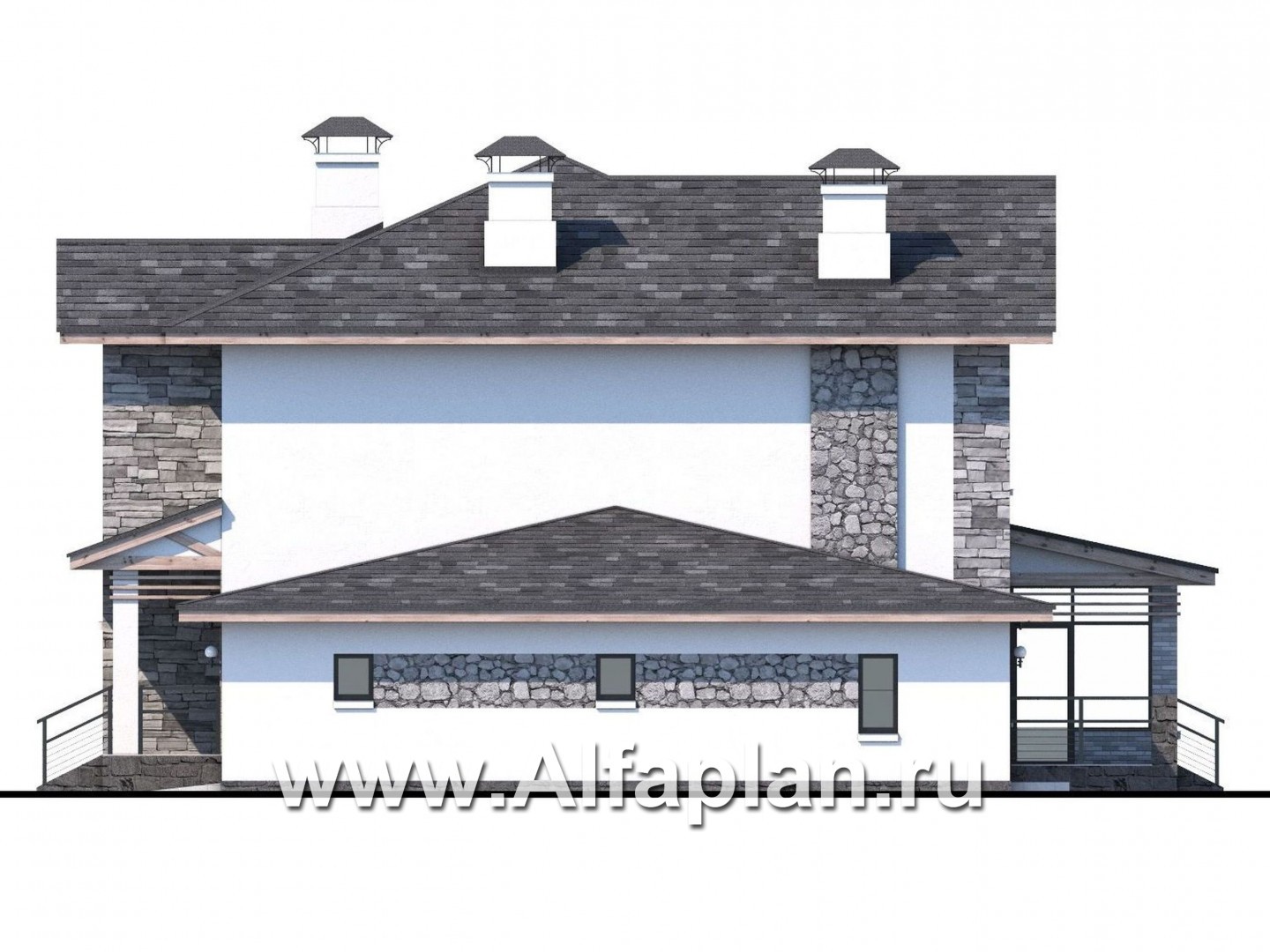 Проекты домов Альфаплан - «Снежная страна» - изящный коттедж с террасами и гаражом - изображение фасада №2