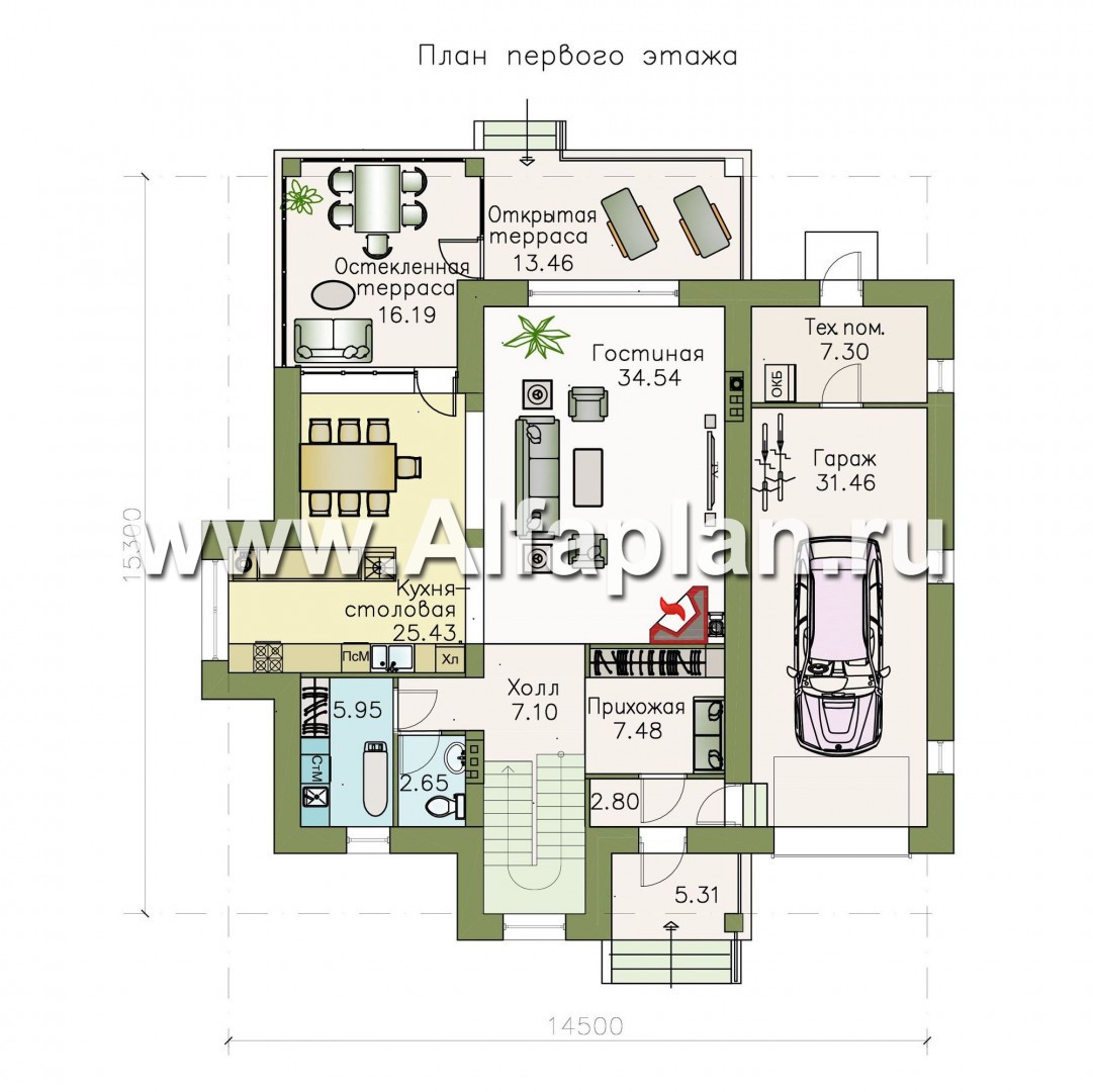 Проекты домов Альфаплан - «Снежная страна» - изящный коттедж с террасами и гаражом - план проекта №1