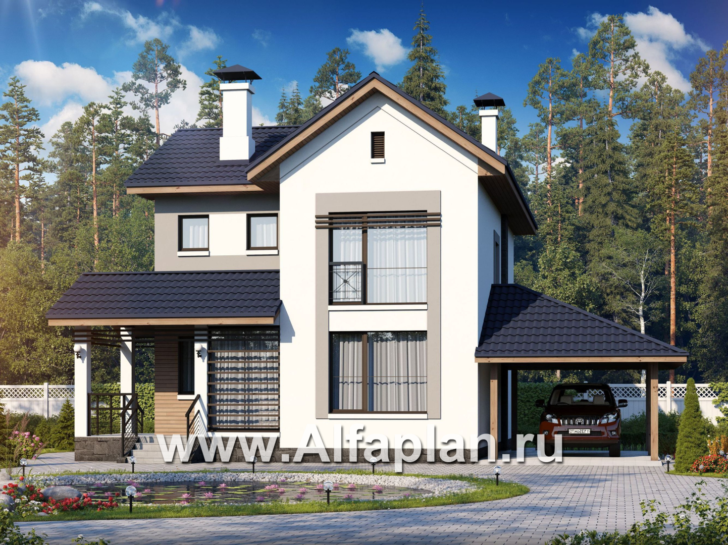 Проекты домов Альфаплан - «Каюткомпания» - экономичный дом для небольшой семьи с навесом для машины - основное изображение