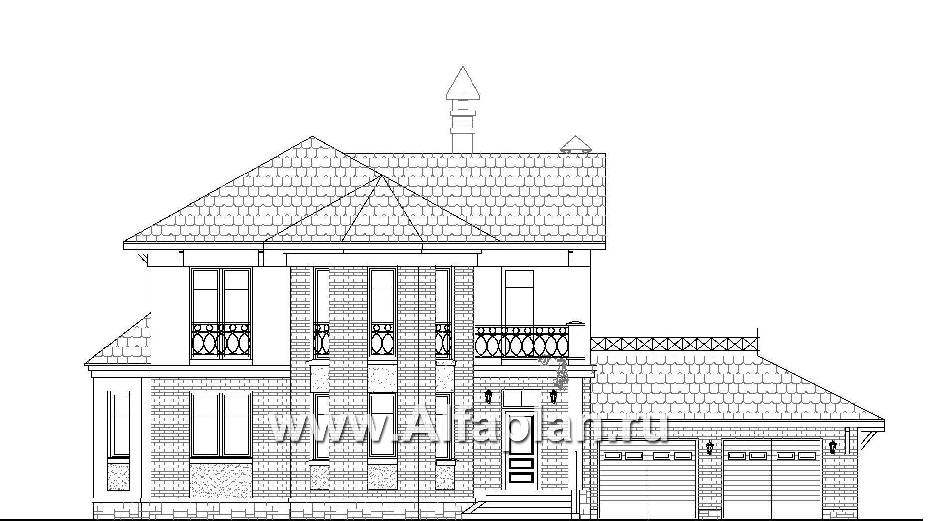 Проекты домов Альфаплан - «Классика»- двухэтажный особняк с эркером и гаражом на два автомобиля - изображение фасада №1