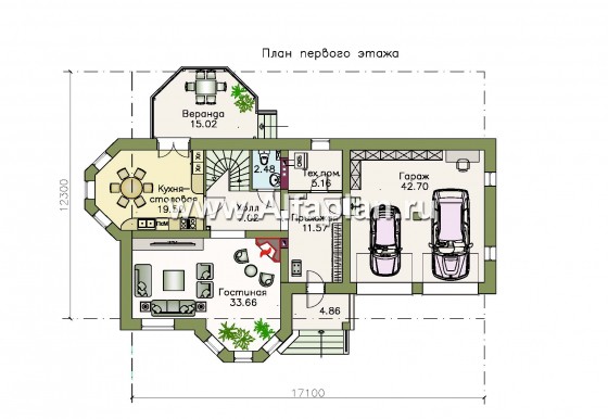 Проекты домов Альфаплан - «Классика»- двухэтажный особняк с эркером и гаражом на два автомобиля - превью плана проекта №1