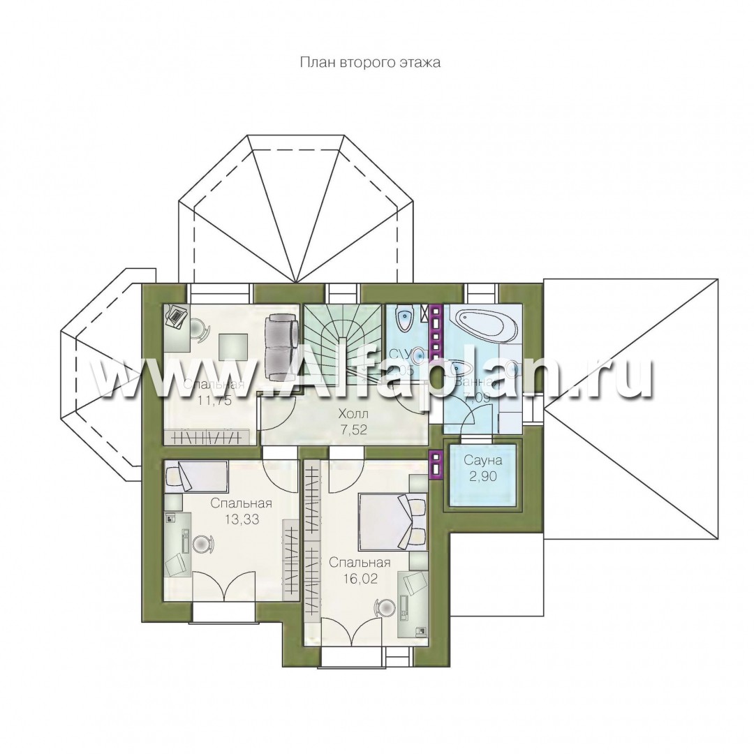 Проекты домов Альфаплан - «Гармония» - двухэтажный коттедж с навесом для машины и террасой - изображение плана проекта №2