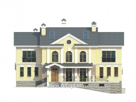 Проекты домов Альфаплан - «Поместье» - проект двухэтажного дома, с мансардойи двусветной гостиной, вилла в классическом стиле - превью фасада №1