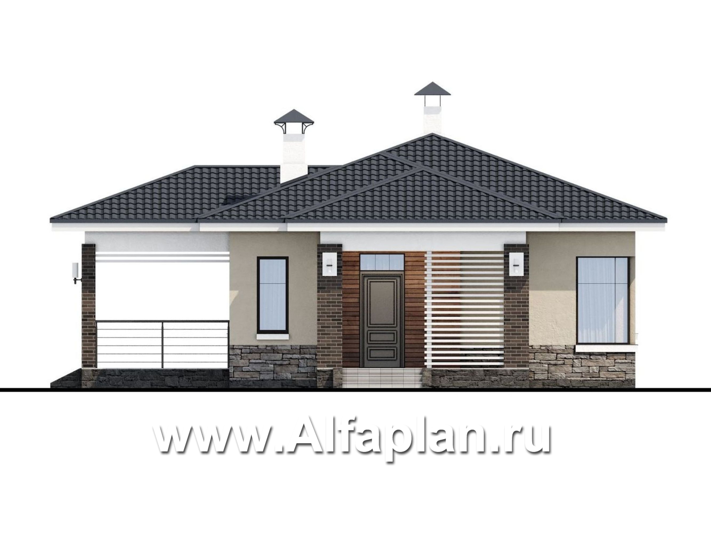 Проекты домов Альфаплан - «Аэда»- небольшой одноэтажный дом с двумя спальнями - изображение фасада №1