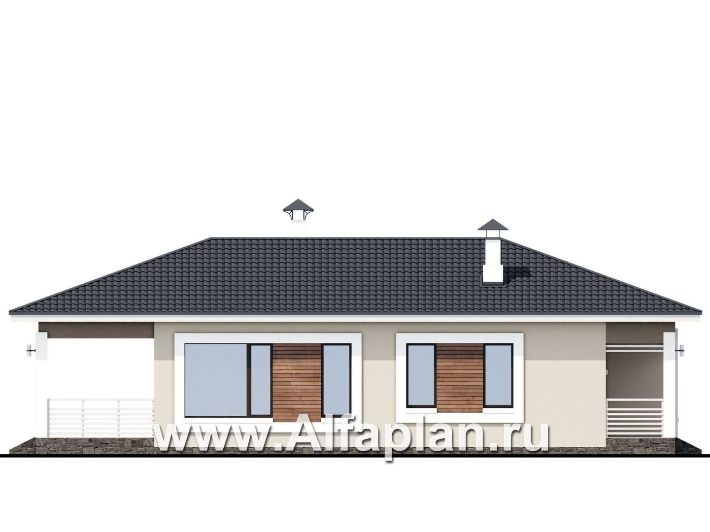 Проекты домов Альфаплан - «Каллиопа» - одноэтажный дом для узкого участка с двумя спальнями - изображение фасада №3