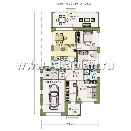 Проекты домов Альфаплан - «Каллиопа» - одноэтажный дом с террасой и гаражом (три спальни) - превью плана проекта №1