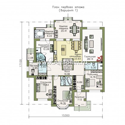 Проекты домов Альфаплан - «Калипсо» - комфортабельный одноэтажный дом  с вариантами планировки - превью плана проекта №1