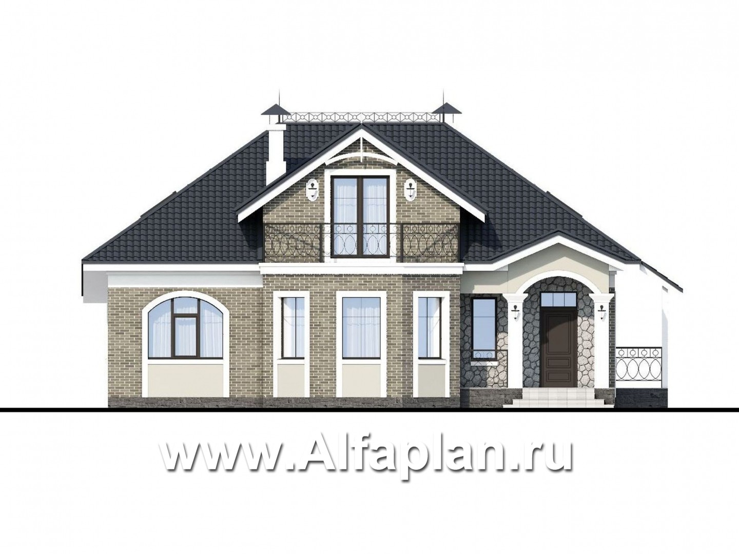 Проекты домов Альфаплан - «Валдай»- мансардный дом с красивым эркером и террасой - изображение фасада №1