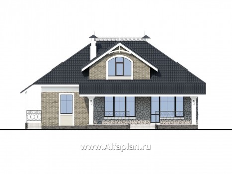 Проекты домов Альфаплан - «Валдай»- мансардный дом с красивым эркером и террасой - превью фасада №4
