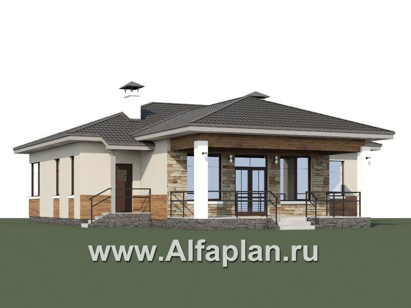 Проекты домов Альфаплан - «Витамин» - одноэтажный дом с большой гостиной и крытой террасой - дополнительное изображение №1