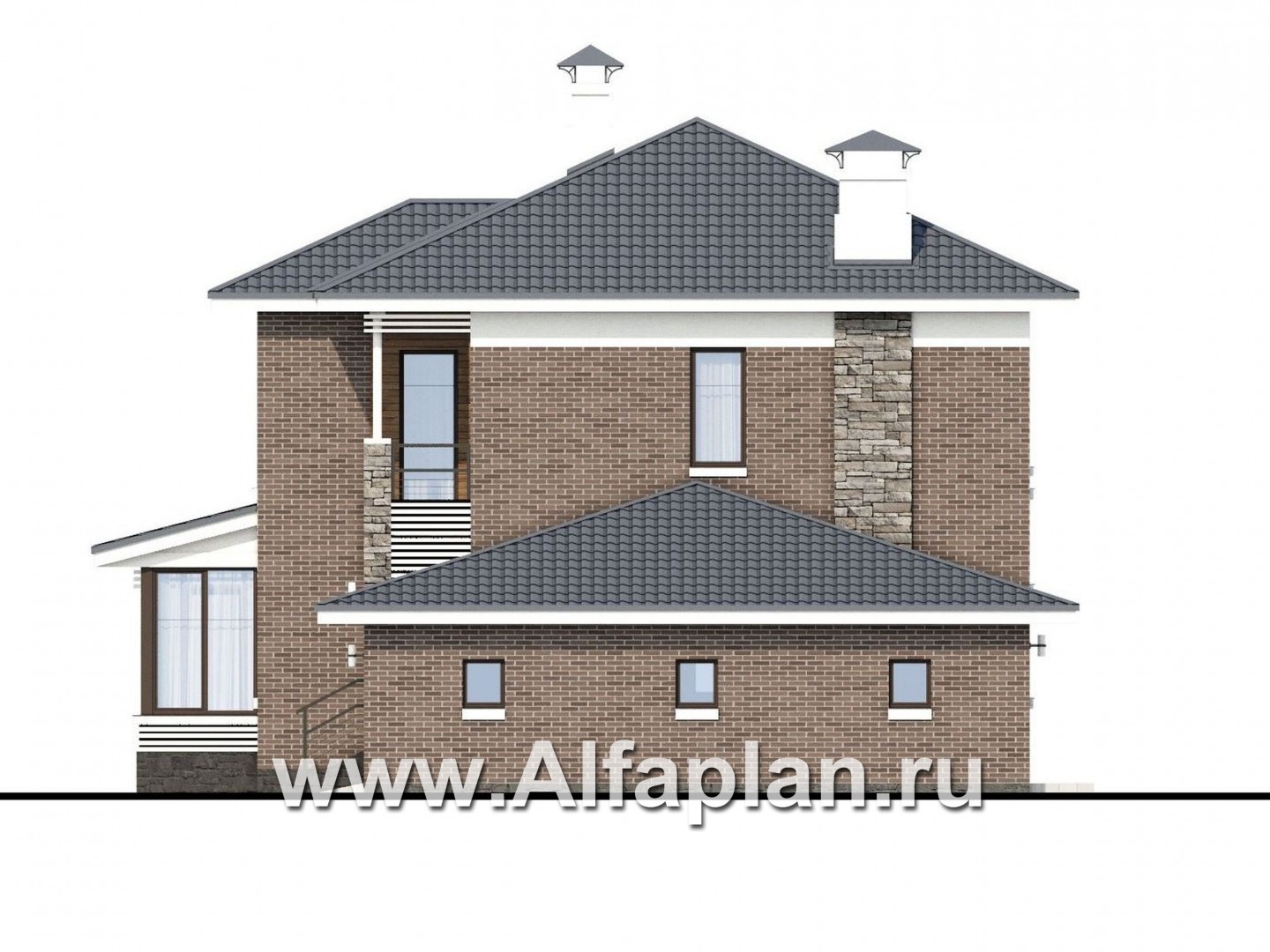 Проекты домов Альфаплан - «Летний вечер» - современный двухэтажный коттедж с гаражом и верандой - изображение фасада №2