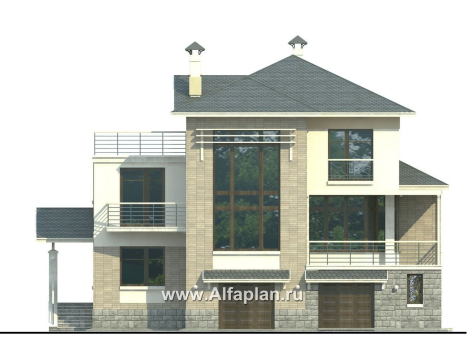 Проекты домов Альфаплан - «Три  семерки» - проект трехэтажного дома, гараж в цоколе, второй свет и панорамные окна, современный дизайн дома - превью фасада №1
