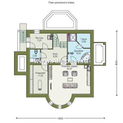 «Петит» - проект дома с мансардой, планировка с полукруглым эркером и с террасой, с цокольным этажом - превью план дома