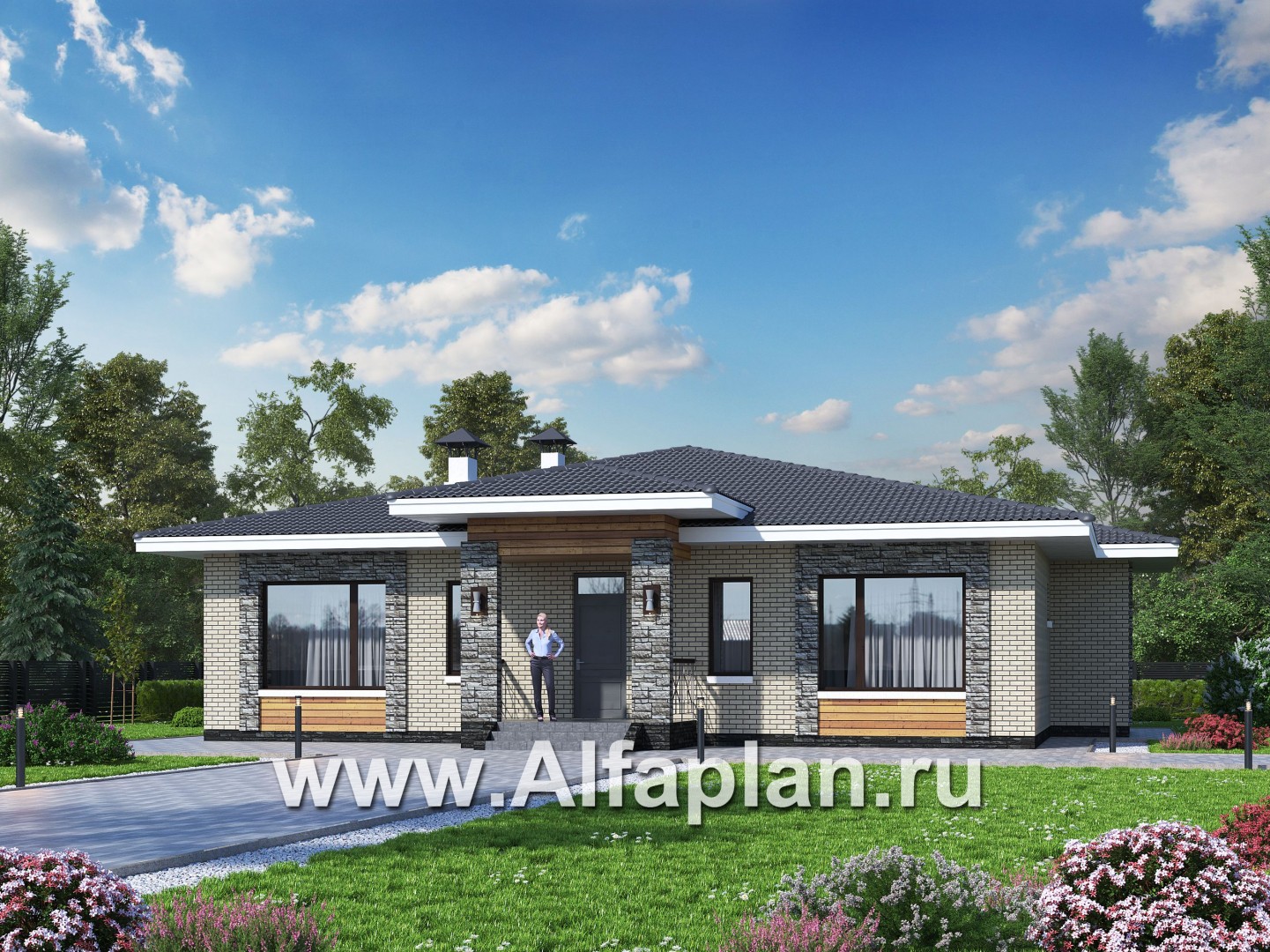 Проекты домов Альфаплан - «Аккорд» - просторный одноэтажный дом с симметричными фасадами - основное изображение
