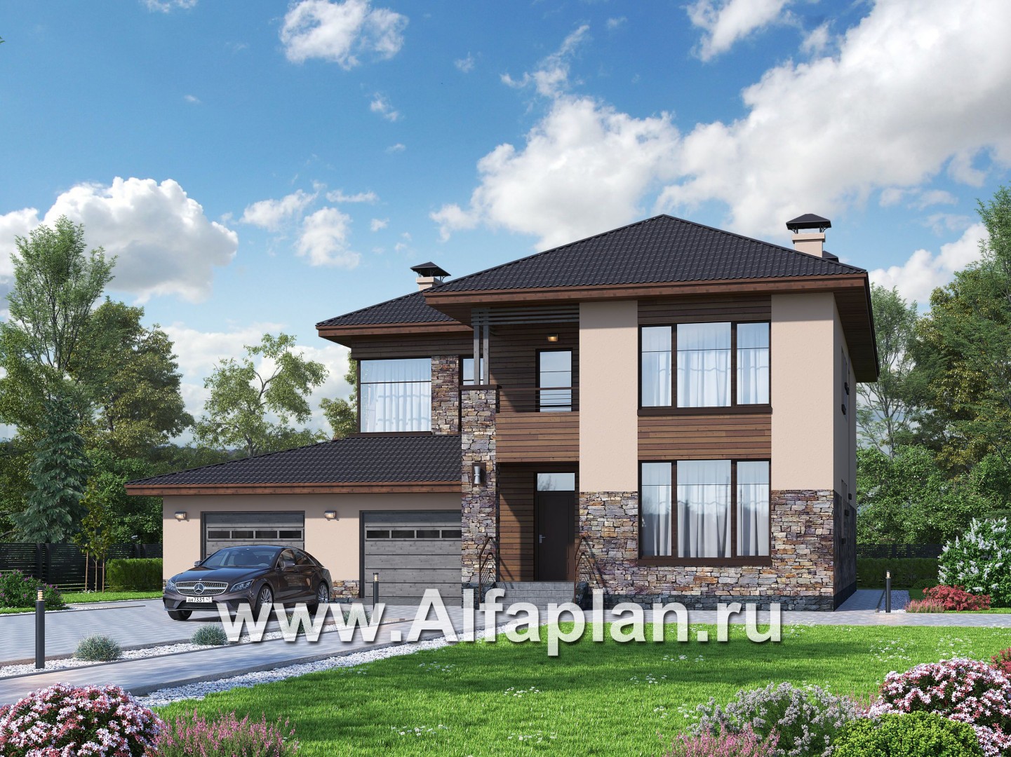 Проекты домов Альфаплан - «Родос» - стильный двухэтажный дома с гаражом на две машины - основное изображение