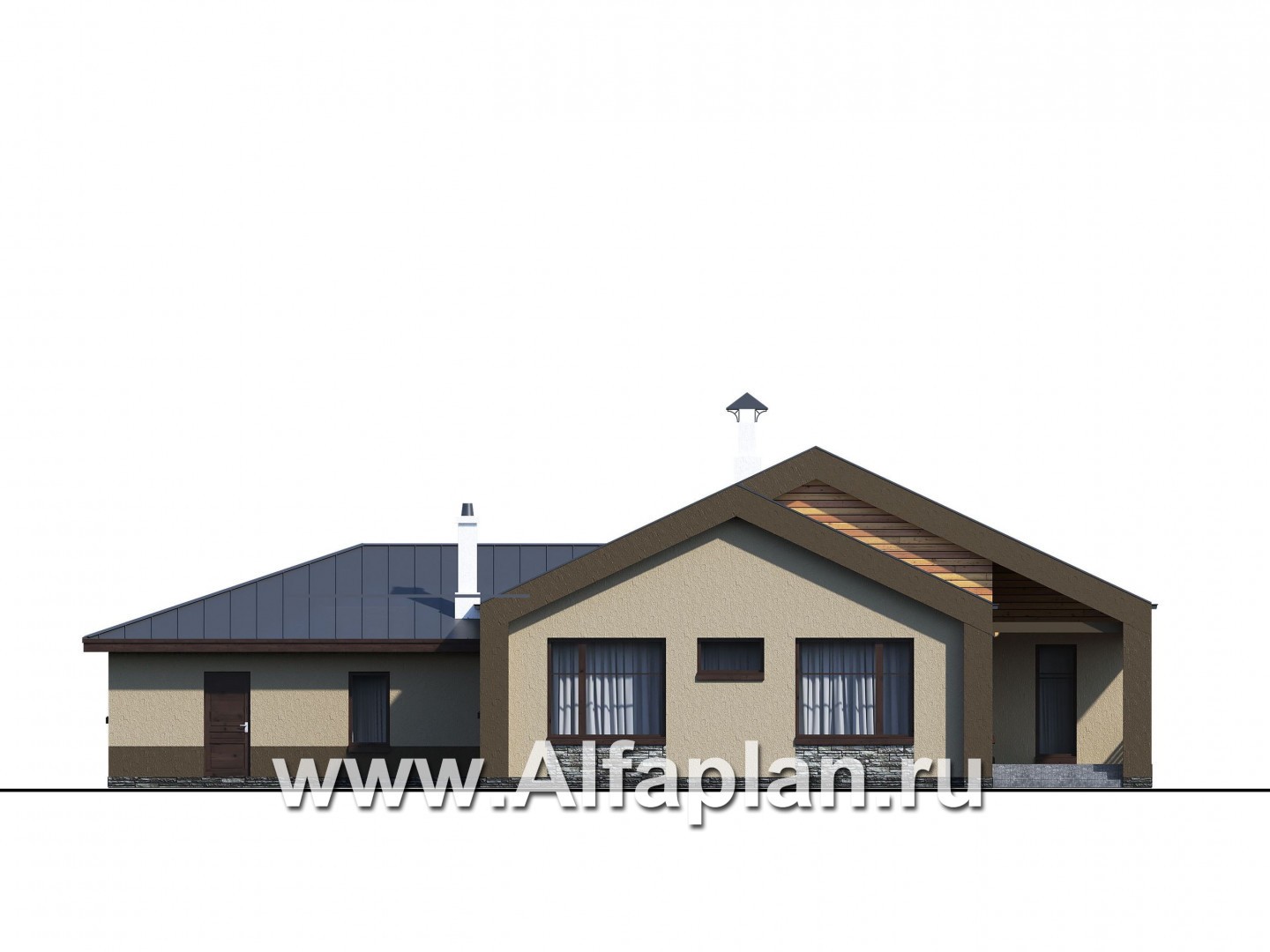 Проекты домов Альфаплан - «Аркада» - проект современного одноэтажного дома с сауной и большим гаражом - изображение фасада №3