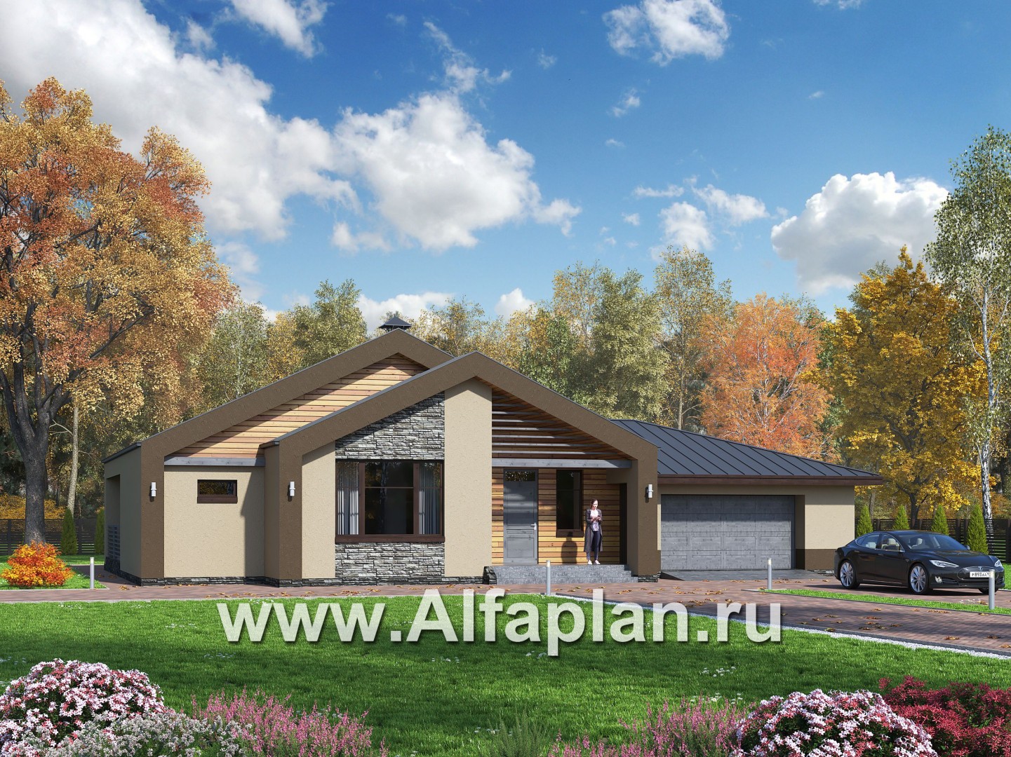 Проекты домов Альфаплан - «Аркада» - проект современного одноэтажного дома с сауной и большим гаражом - основное изображение