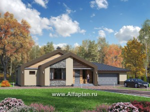 Проекты домов Альфаплан - «Аркада» - проект современного одноэтажного дома с сауной и большим гаражом - превью основного изображения