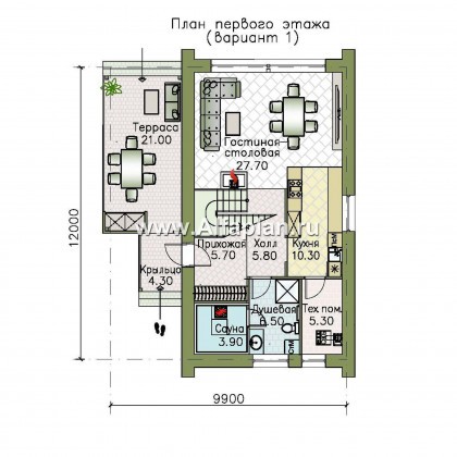 Проекты домов Альфаплан - «Барн» - современный мансардный дом с боковой террасой - превью плана проекта №1