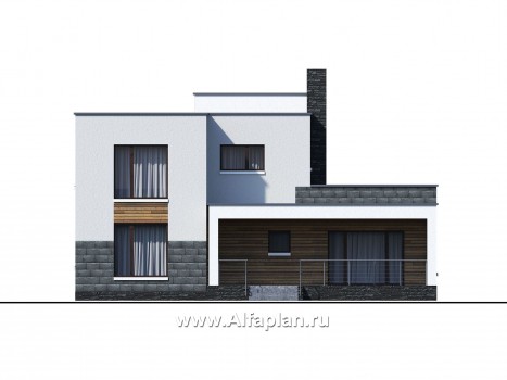 «Футура» - современный двухэтажный дом, с террасой и сауной, с плоской крышей, в стиле минимализм - превью фасада дома