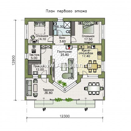 Проекты домов Альфаплан - «Вектор» - проект стильного одноэтажного дома с удобной планировкой - превью плана проекта №1