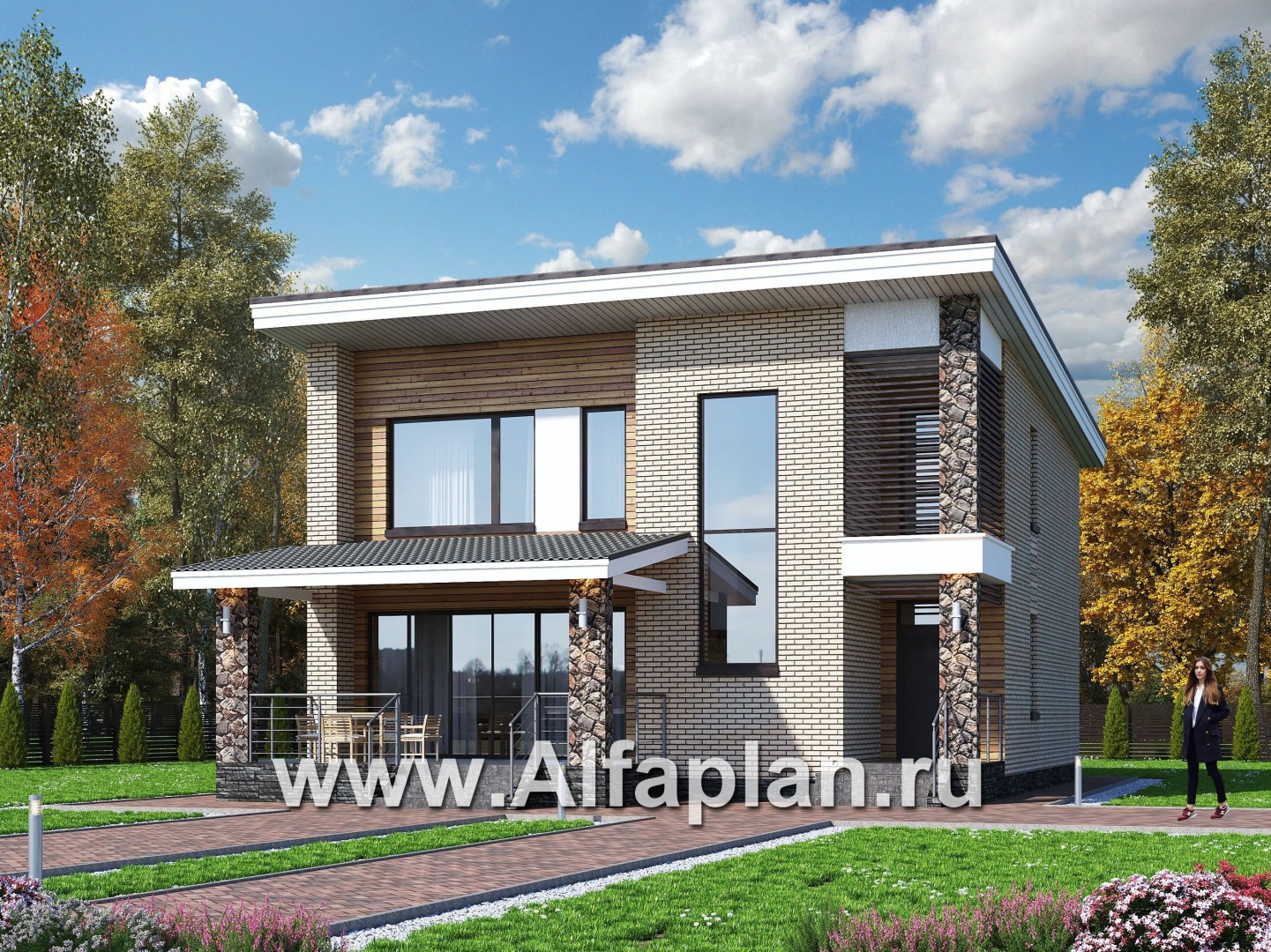 Проекты домов Альфаплан - «Эрго» - проект компактного дома 10х10м с односкатной кровлей - основное изображение