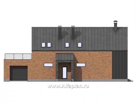Проект дома с мансардой, планировка с террасой и с гаражом, 5 спален, в стиле барнхаус - превью фасада дома