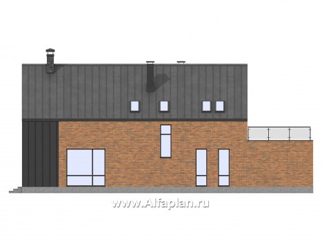 Проект дома с мансардой, планировка с террасой и с гаражом, 5 спален, в стиле барнхаус - превью фасада дома