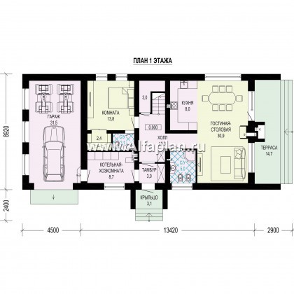 Проект дома с мансардой, планировка с террасой и с гаражом, 5 спален, в стиле барнхаус - превью план дома