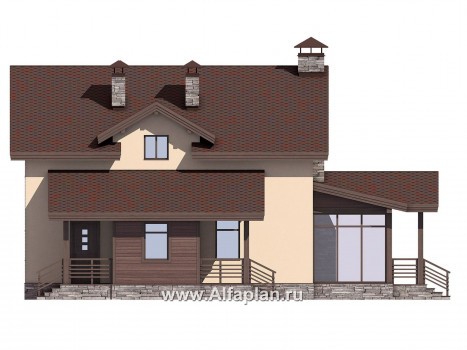 Проект дома с мансардой, планировка с террасой и сауной - превью фасада дома