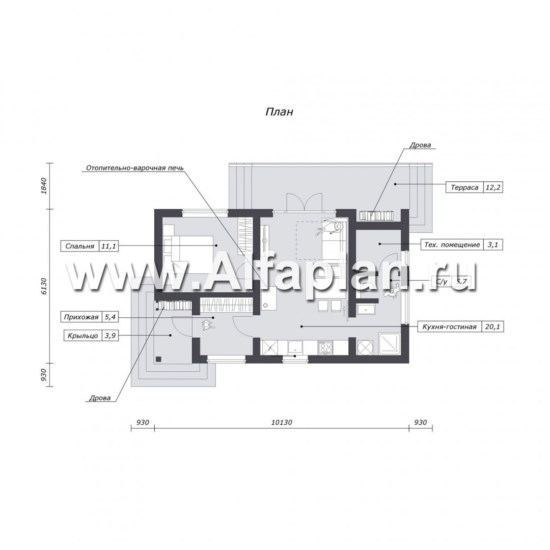 Проект одноэтажного дома, с террасой, одна спальня. Гостевой дом, дача - план дома