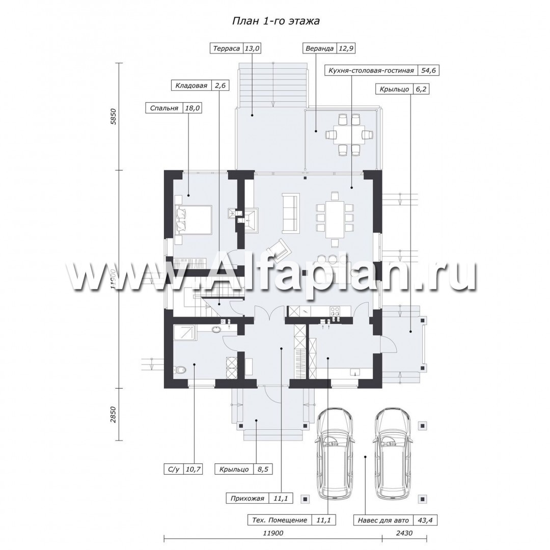 Проект дома с мансардой, планировка со вторым светом гостиной и с террасой, навес на 2 авто - план дома